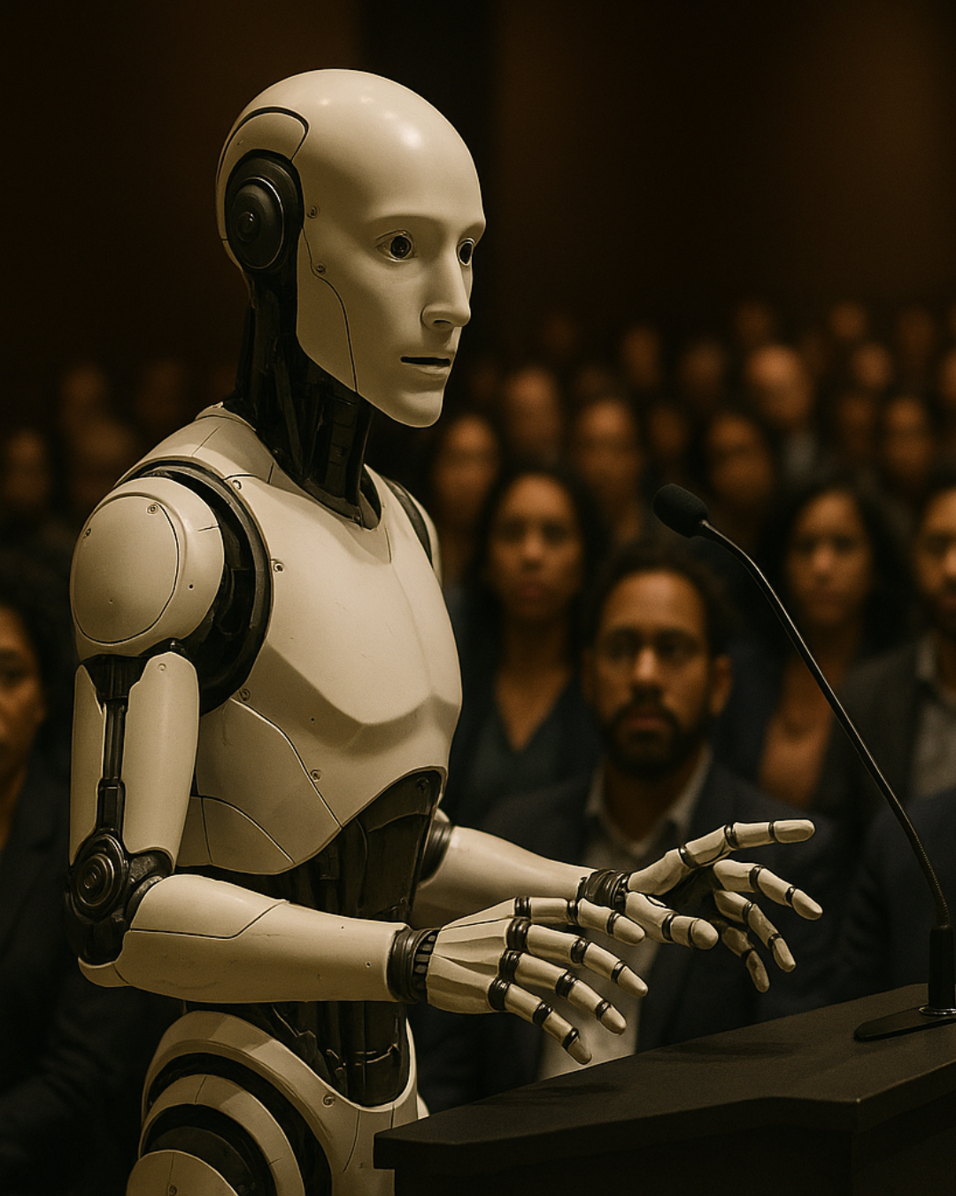 AI robot talks to a confused crowd of humans